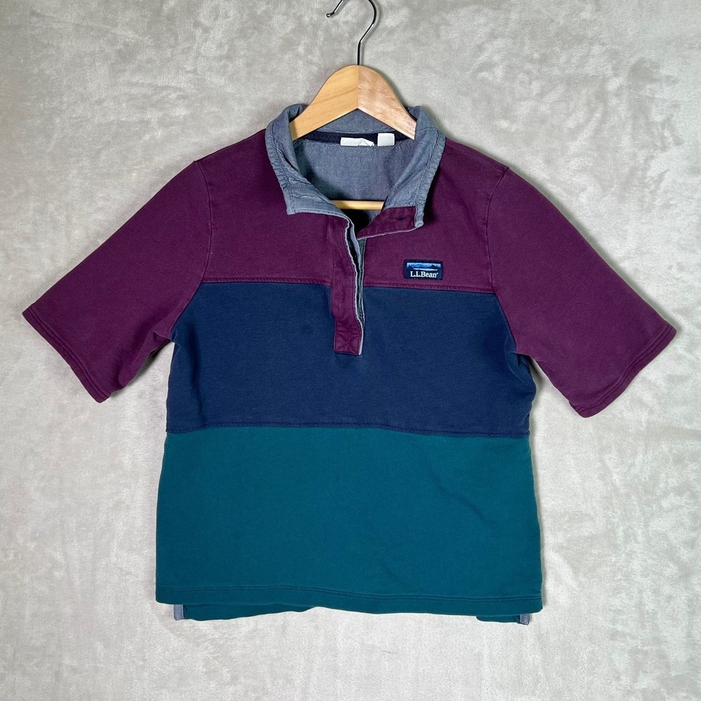 LL Bean Rugby Top Pullover Womens Small Short Sleeve Colorblock 1/4 Button